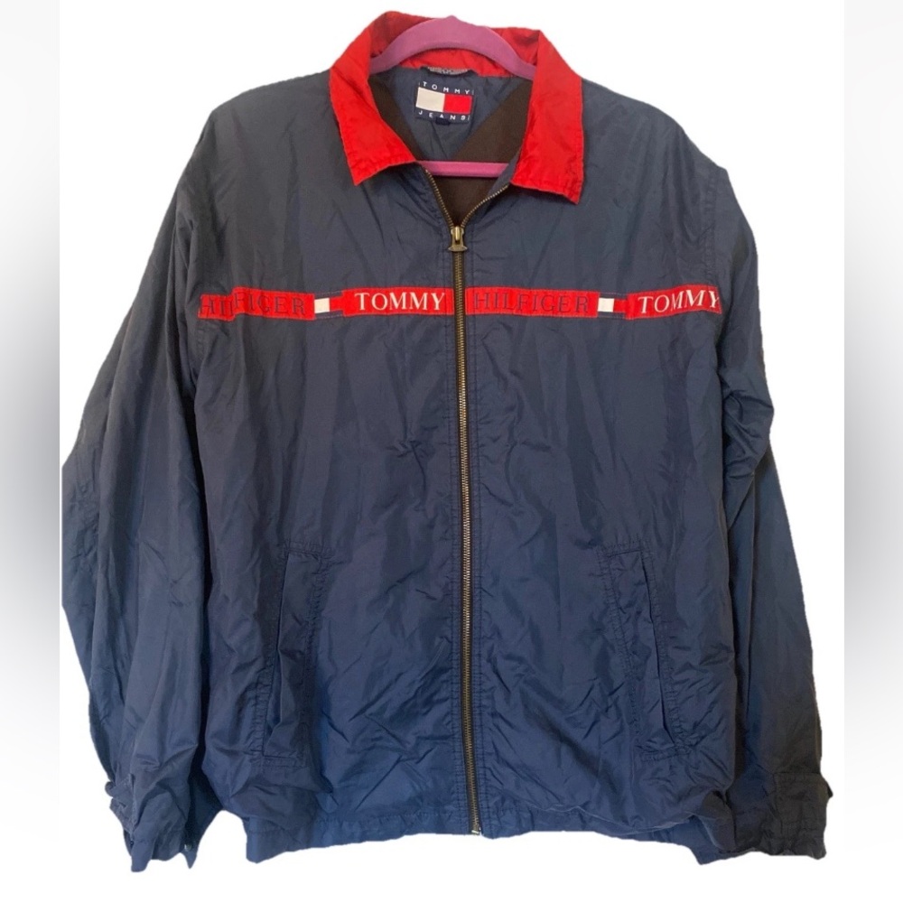 VTG Y2K 90s Tommy Hilfiger Jeans Logo Lined Full Zip Windbreaker Jacket Navy M